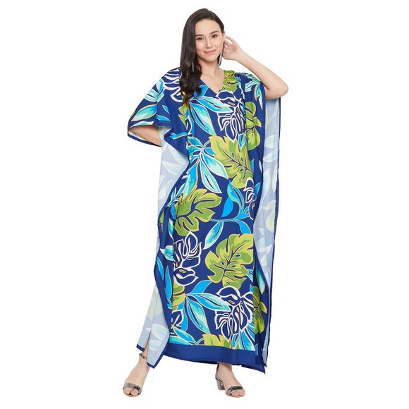 Gypsie Blu Women Plus Size Leaf Print Kaftan Maxi Dress for Beach Party Cover Up - Picture 3 of 10
